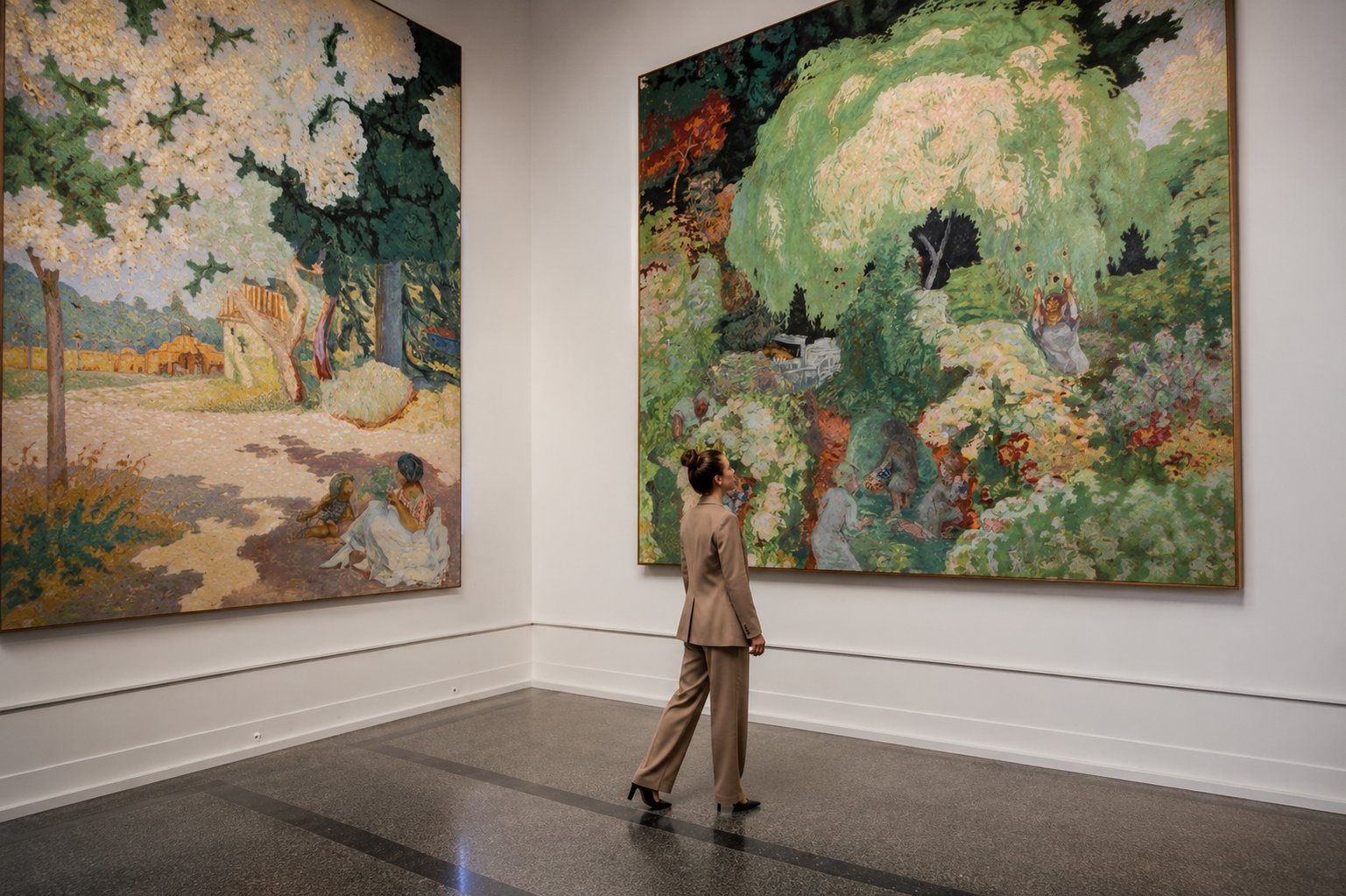 Woman in gallery contemplating large paintings – stepping back to assess the full picture
