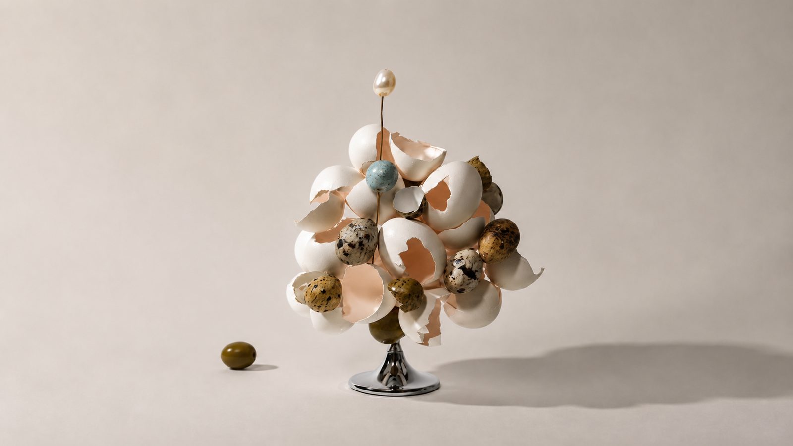 Sculptural arrangement of eggs and shells – building a position from fragile, distinctive elements
