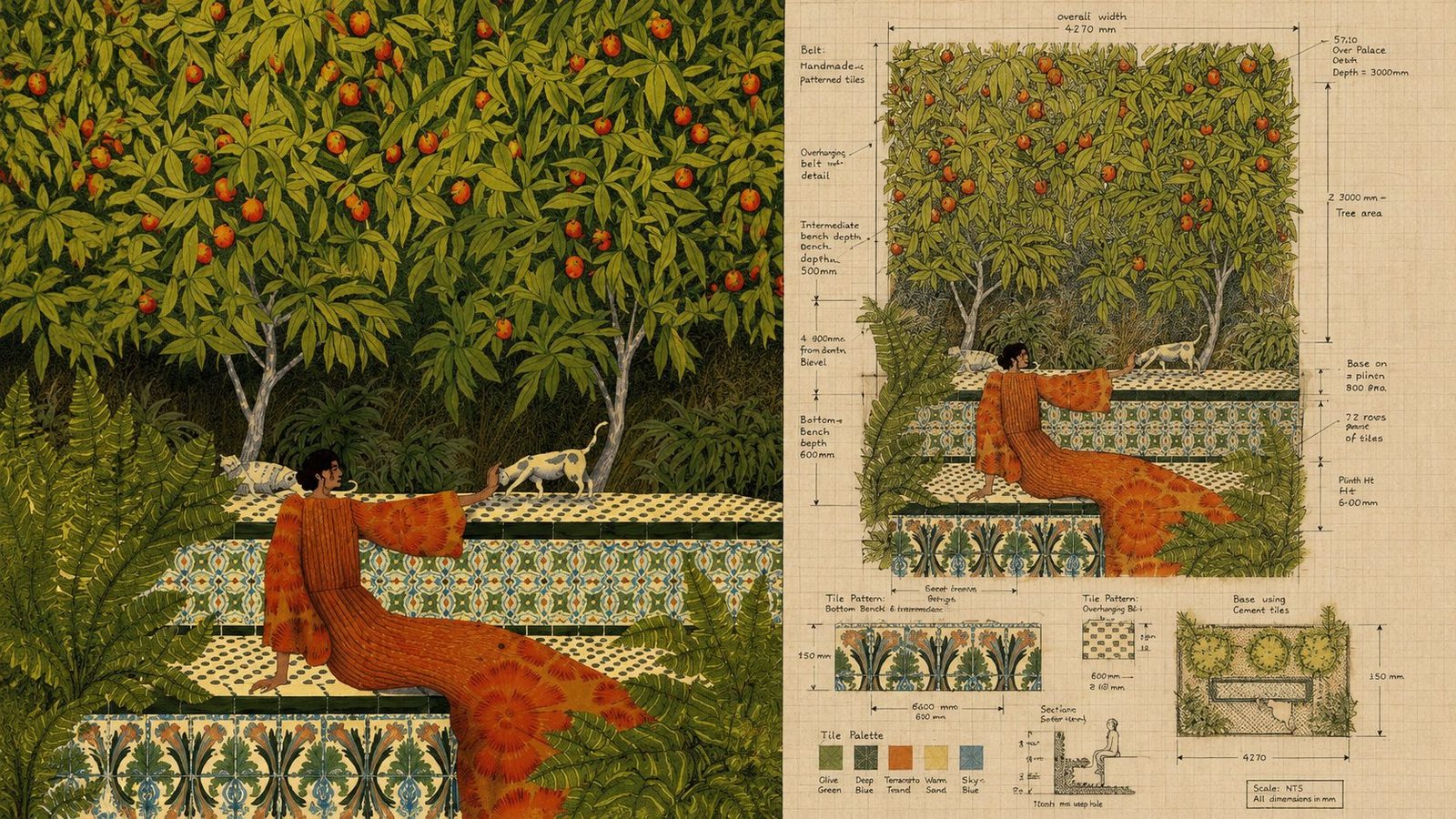 Garden illustration with architectural blueprint – the visual surface and the structural thinking underneath